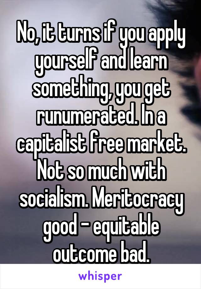 No, it turns if you apply yourself and learn something, you get runumerated. In a capitalist free market. Not so much with socialism. Meritocracy good - equitable outcome bad.