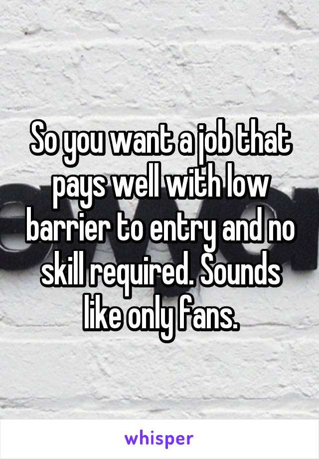 So you want a job that pays well with low barrier to entry and no skill required. Sounds like only fans.