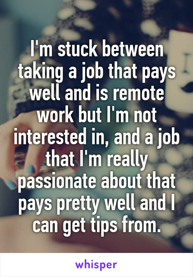 I'm stuck between taking a job that pays well and is remote work but I'm not interested in, and a job that I'm really passionate about that pays pretty well and I can get tips from.