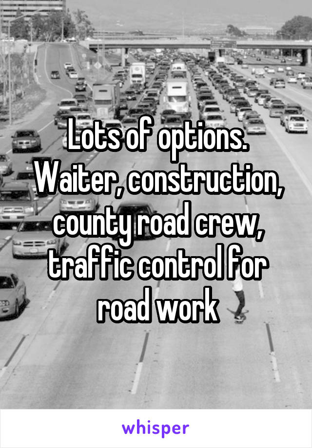 Lots of options. Waiter, construction, county road crew, traffic control for road work