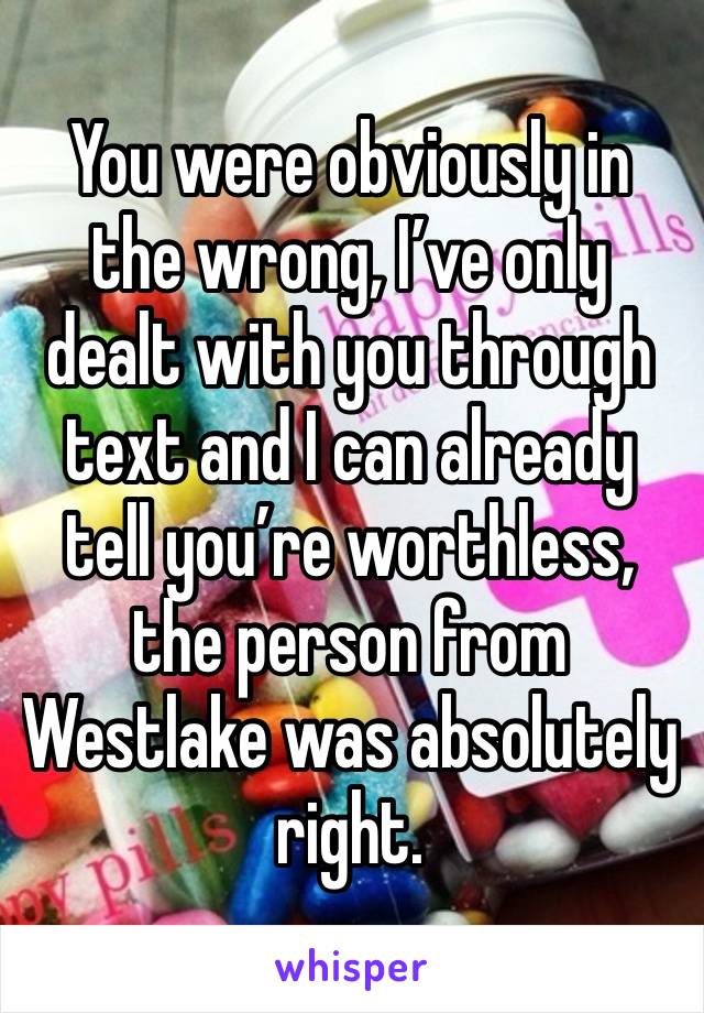 You were obviously in the wrong, I’ve only dealt with you through text and I can already tell you’re worthless, the person from Westlake was absolutely right. 