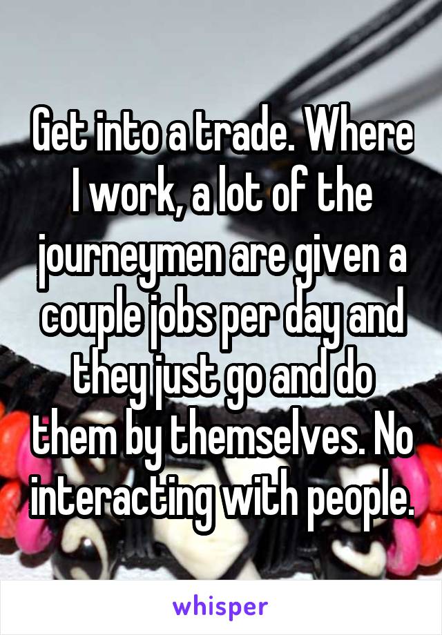 Get into a trade. Where I work, a lot of the journeymen are given a couple jobs per day and they just go and do them by themselves. No interacting with people.