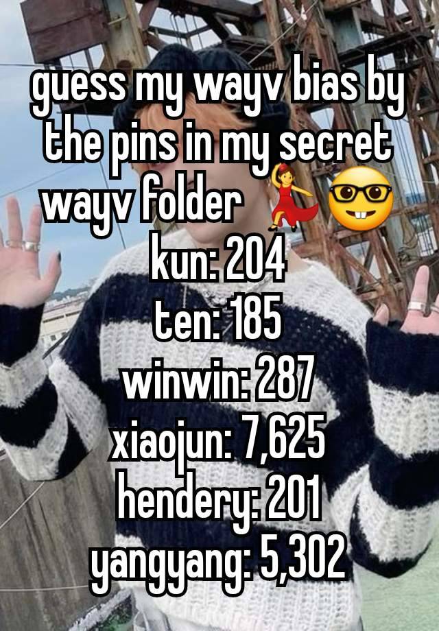 guess my wayv bias by the pins in my secret wayv folder 💃🤓
kun: 204
ten: 185
winwin: 287
xiaojun: 7,625
hendery: 201
yangyang: 5,302