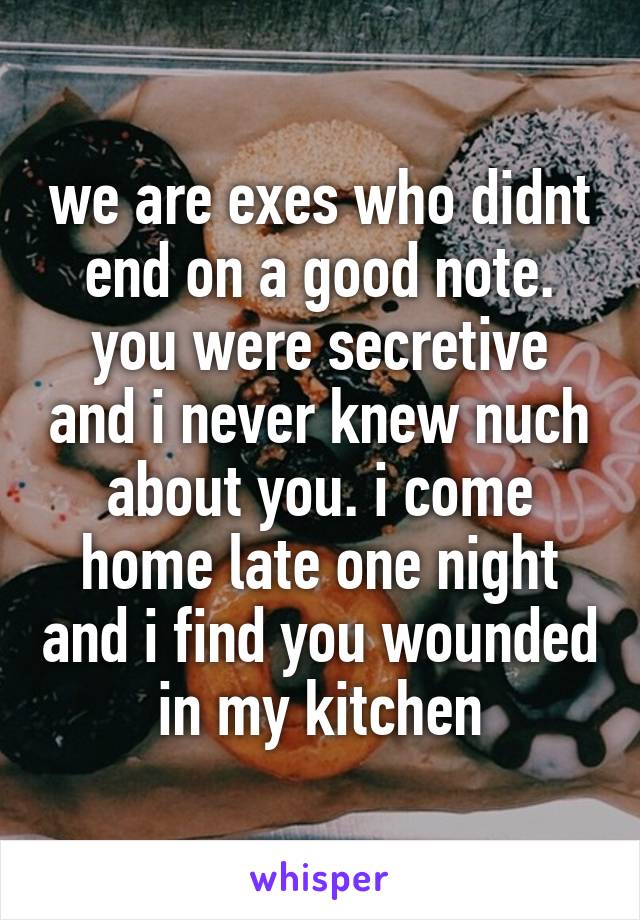 we are exes who didnt end on a good note.
you were secretive and i never knew nuch about you. i come home late one night and i find you wounded in my kitchen