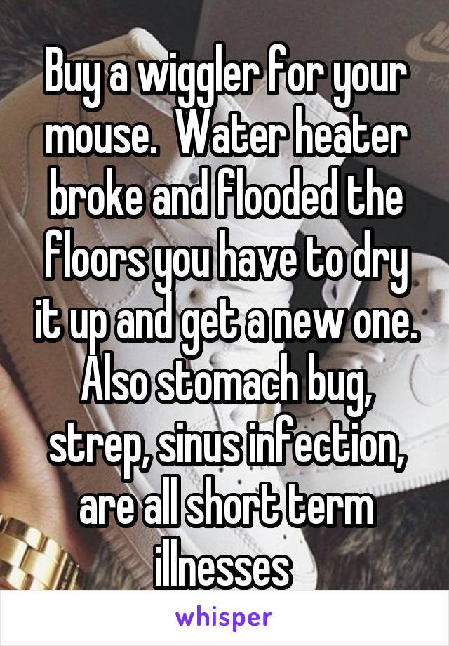 Buy a wiggler for your mouse.  Water heater broke and flooded the floors you have to dry it up and get a new one. Also stomach bug, strep, sinus infection, are all short term illnesses 