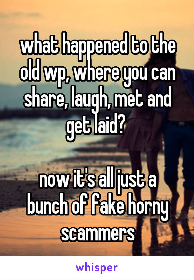 what happened to the old wp, where you can share, laugh, met and get laid? 

now it's all just a bunch of fake horny scammers