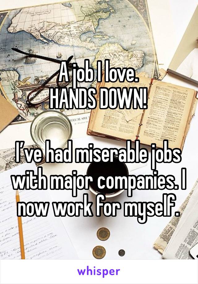 A job I love.
HANDS DOWN!

I’ve had miserable jobs with major companies. I now work for myself.