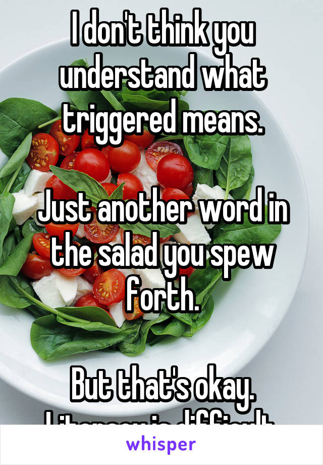 I don't think you understand what triggered means.

Just another word in the salad you spew forth.

But that's okay. Literacy is difficult.