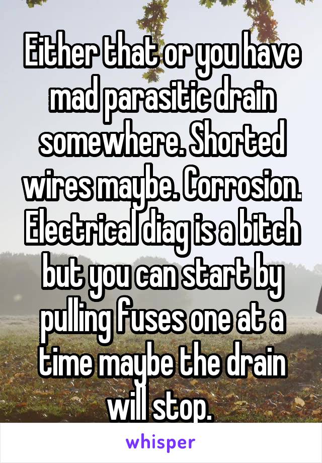 Either that or you have mad parasitic drain somewhere. Shorted wires maybe. Corrosion. Electrical diag is a bitch but you can start by pulling fuses one at a time maybe the drain will stop. 