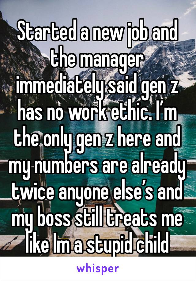 Started a new job and the manager immediately said gen z has no work ethic. I’m the only gen z here and my numbers are already twice anyone else’s and my boss still treats me like Im a stupid child