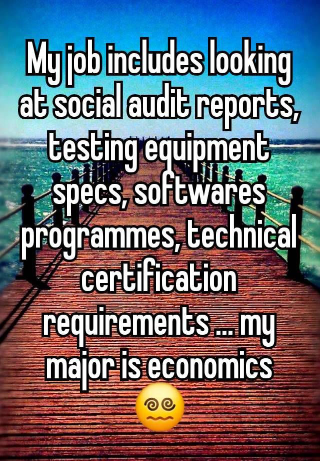 My job includes looking at social audit reports, testing equipment specs, softwares programmes, technical certification requirements ... my major is economics 😵‍💫