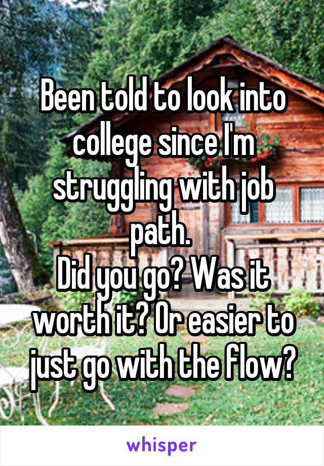 Been told to look into college since I'm struggling with job path. 
Did you go? Was it worth it? Or easier to just go with the flow?