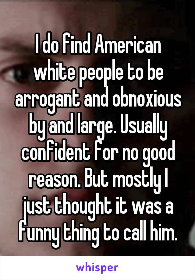 I do find American white people to be arrogant and obnoxious by and large. Usually confident for no good reason. But mostly I just thought it was a funny thing to call him.