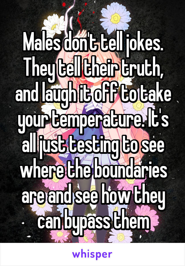 Males don't tell jokes. They tell their truth, and laugh it off to take your temperature. It's all just testing to see where the boundaries are and see how they can bypass them