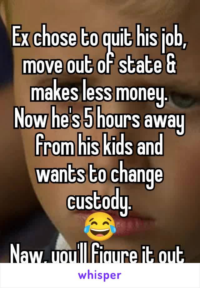 Ex chose to quit his job, move out of state & makes less money.
Now he's 5 hours away from his kids and wants to change custody.
😂
Naw, you'll figure it out 