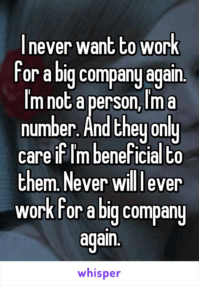 I never want to work for a big company again. I'm not a person, I'm a number. And they only care if I'm beneficial to them. Never will I ever work for a big company again.