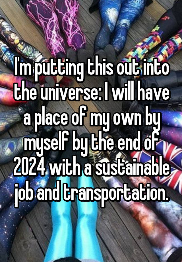 I'm putting this out into the universe: I will have a place of my own by myself by the end of 2024 with a sustainable job and transportation.