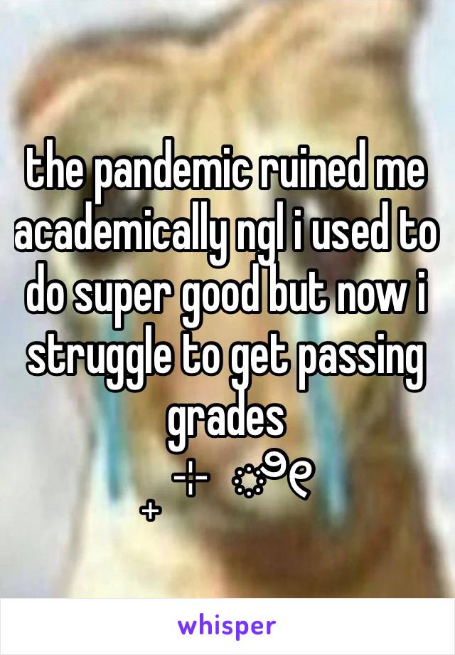 the pandemic ruined me academically ngl i used to do super good but now i struggle to get passing grades
₊ ⊹ ೀ