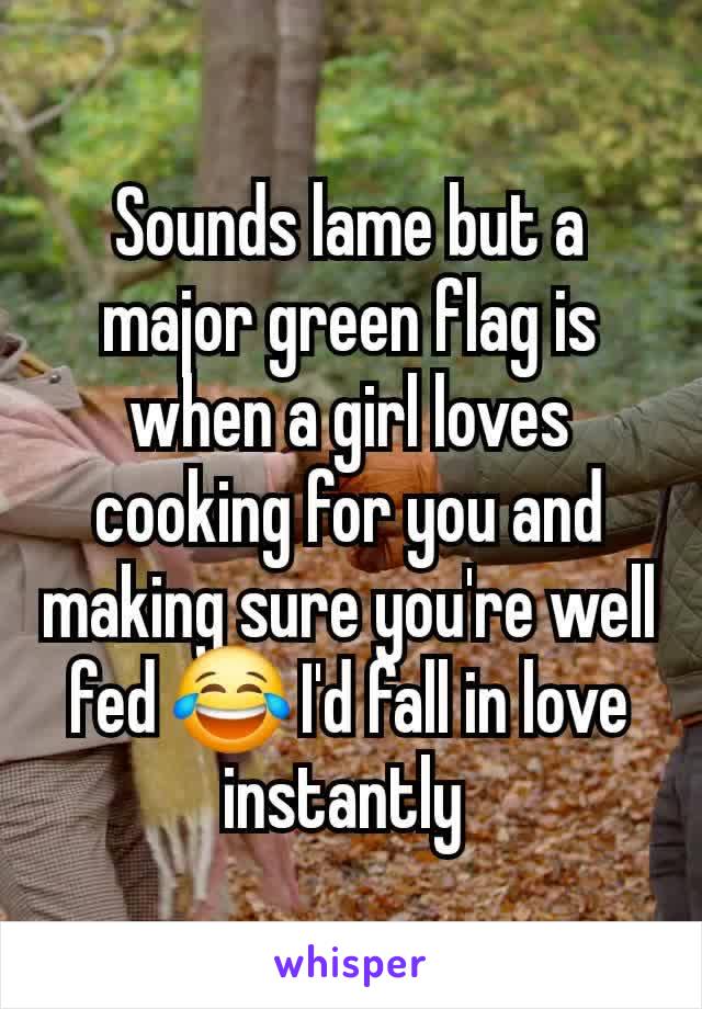 Sounds lame but a major green flag is when a girl loves cooking for you and making sure you're well fed 😂 I'd fall in love instantly 