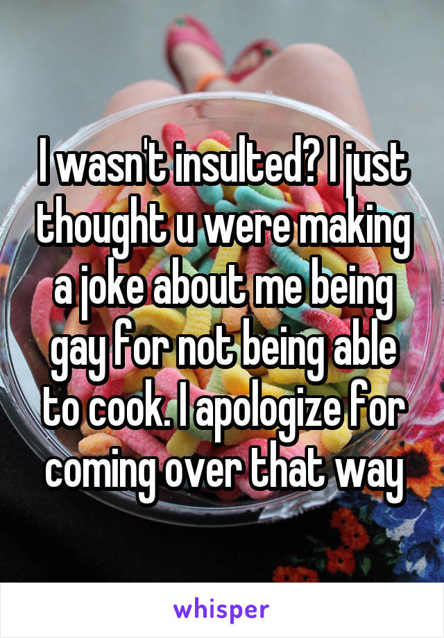 I wasn't insulted? I just thought u were making a joke about me being gay for not being able to cook. I apologize for coming over that way