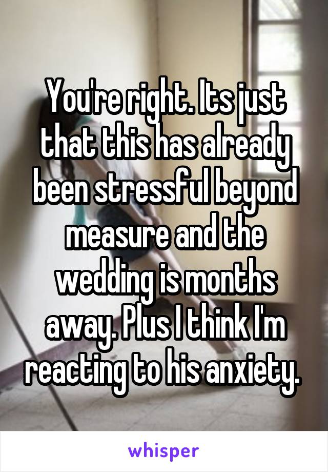 You're right. Its just that this has already been stressful beyond measure and the wedding is months away. Plus I think I'm reacting to his anxiety. 