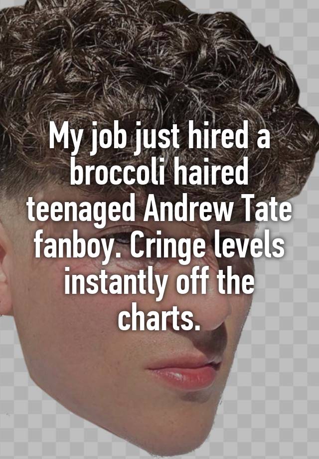 My job just hired a broccoli haired teenaged Andrew Tate fanboy. Cringe levels instantly off the charts.