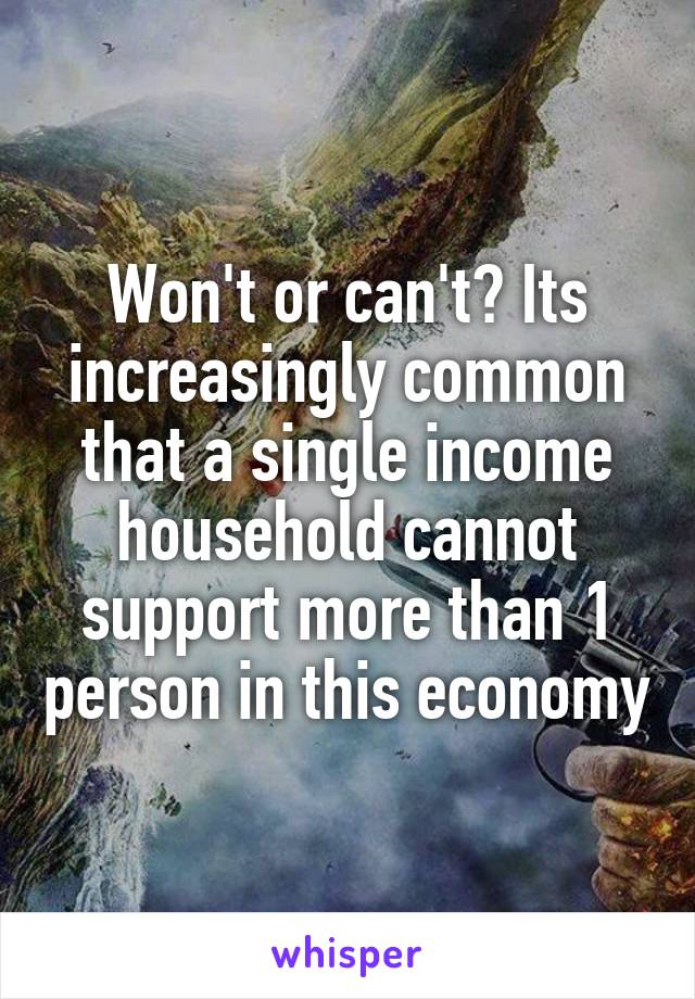 Won't or can't? Its increasingly common that a single income household cannot support more than 1 person in this economy