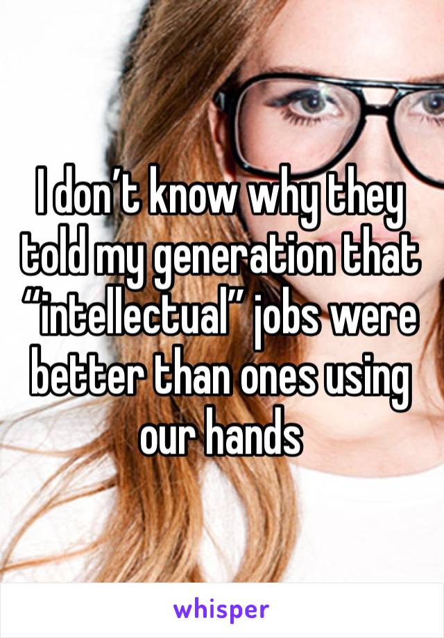 I don’t know why they told my generation that “intellectual” jobs were better than ones using our hands