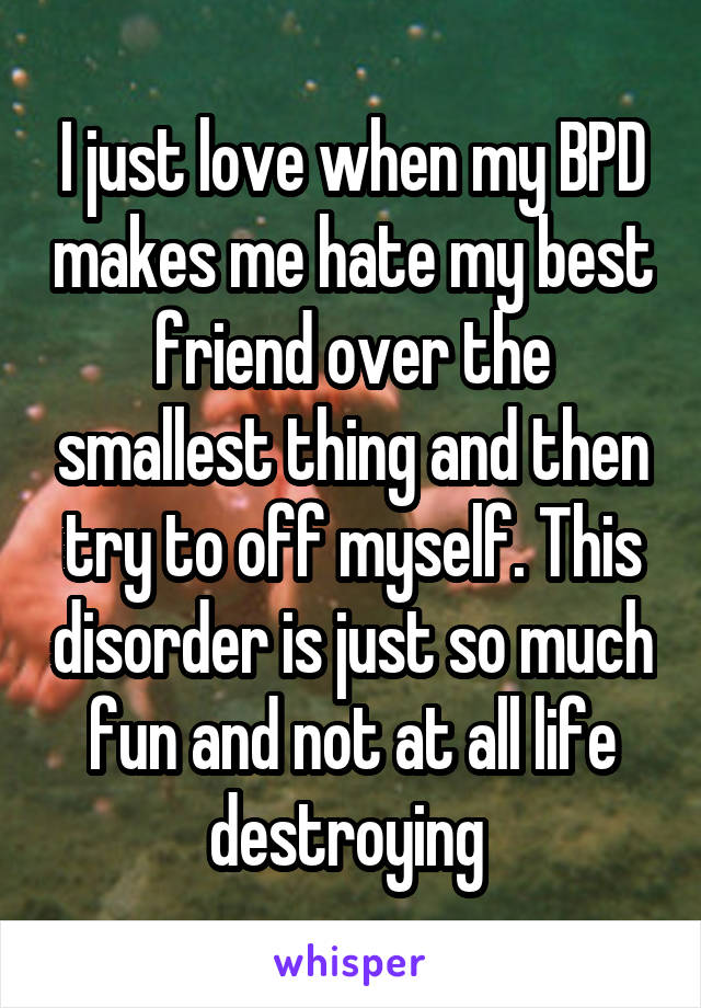 I just love when my BPD makes me hate my best friend over the smallest thing and then try to off myself. This disorder is just so much fun and not at all life destroying 