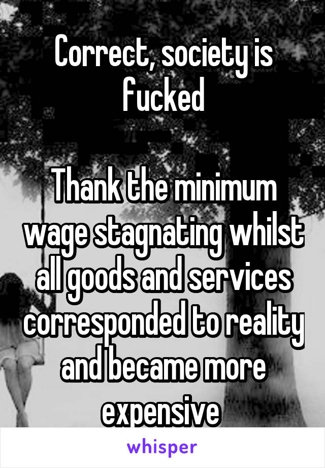 Correct, society is fucked

Thank the minimum wage stagnating whilst all goods and services corresponded to reality and became more expensive 