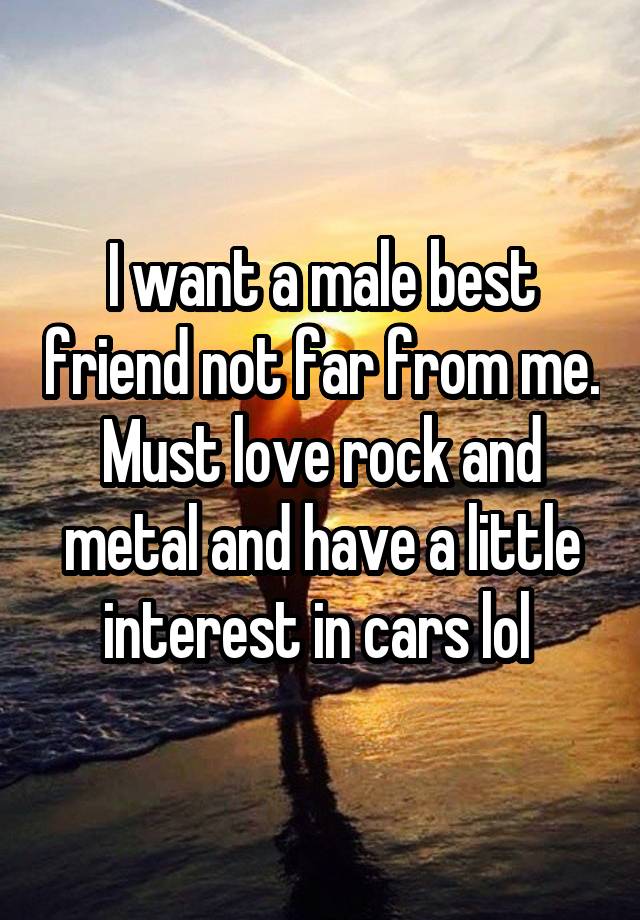 I want a male best friend not far from me. Must love rock and metal and have a little interest in cars lol 