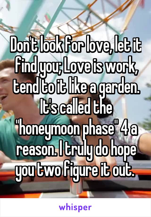 Don't look for love, let it find you; Love is work, tend to it like a garden. It's called the "honeymoon phase" 4 a reason. I truly do hope you two figure it out. 