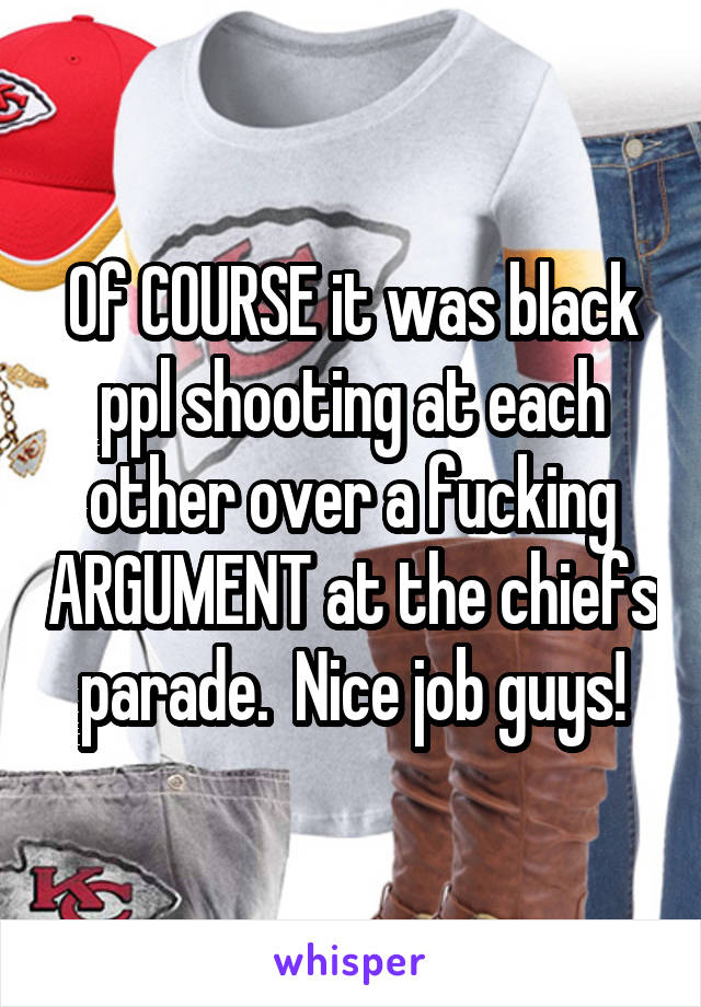 Of COURSE it was black ppl shooting at each other over a fucking ARGUMENT at the chiefs parade.  Nice job guys!