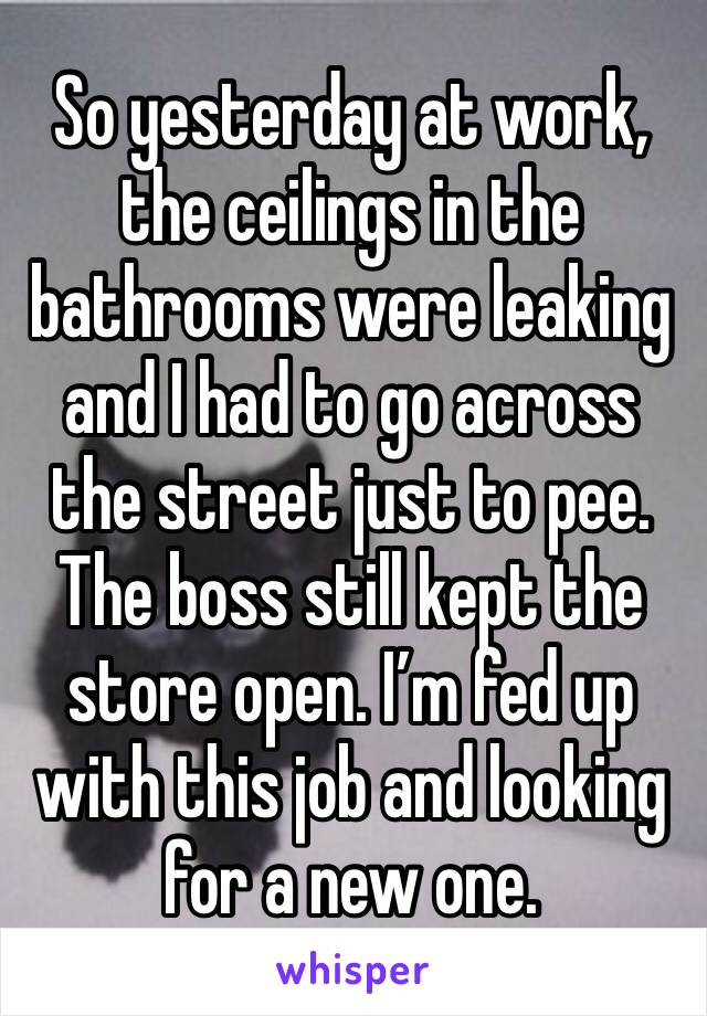 So yesterday at work, the ceilings in the bathrooms were leaking and I had to go across the street just to pee. The boss still kept the store open. I’m fed up with this job and looking for a new one. 