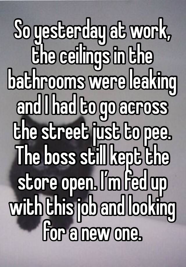 So yesterday at work, the ceilings in the bathrooms were leaking and I had to go across the street just to pee. The boss still kept the store open. I’m fed up with this job and looking for a new one. 