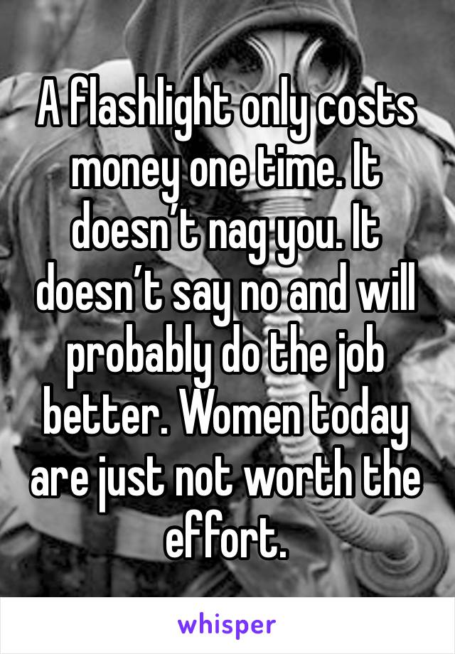 A flashlight only costs money one time. It doesn’t nag you. It doesn’t say no and will probably do the job better. Women today are just not worth the effort. 