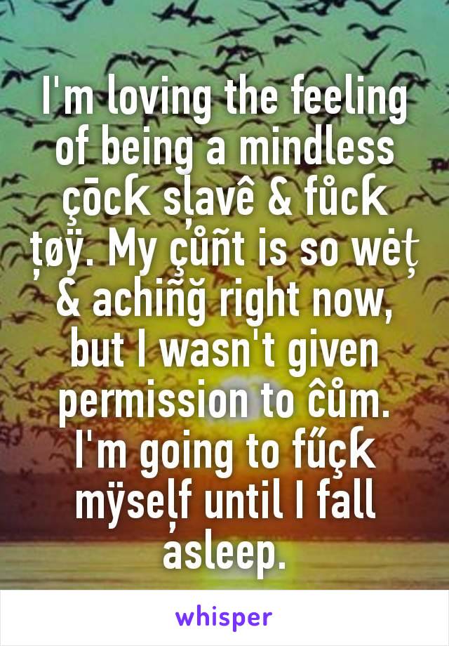 I'm loving the feeling of being a mindless çōcƙ sļavê & fůcƙ ţøÿ. My çůñt is so wėț & achiñğ right now, but I wasn't given permission to ĉům. I'm going to fűçƙ mÿseļf until I fall asleep.