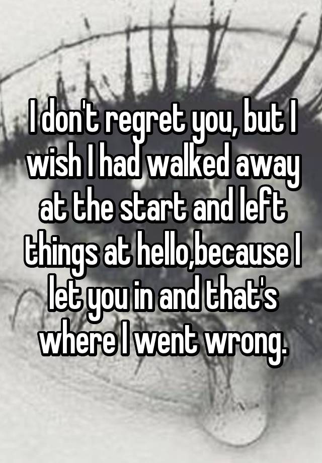 I don't regret you, but I wish I had walked away at the start and left things at hello,because I let you in and that's where I went wrong.