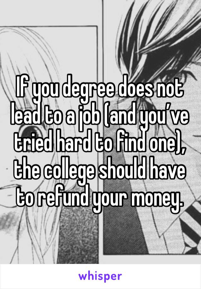 If you degree does not lead to a job (and you’ve tried hard to find one), the college should have to refund your money. 