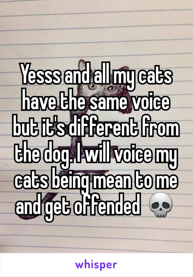 Yesss and all my cats have the same voice but it's different from the dog. I will voice my cats being mean to me and get offended 💀