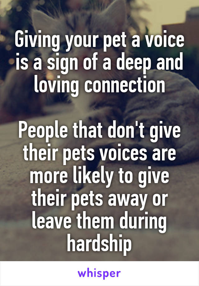 Giving your pet a voice is a sign of a deep and loving connection

People that don't give their pets voices are more likely to give their pets away or leave them during hardship