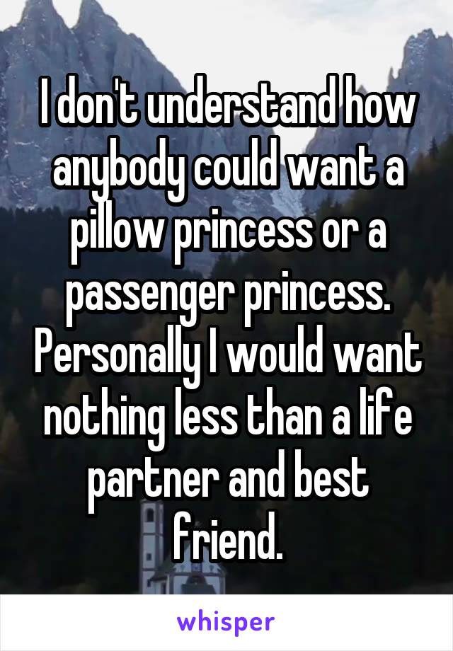 I don't understand how anybody could want a pillow princess or a passenger princess. Personally I would want nothing less than a life partner and best friend.