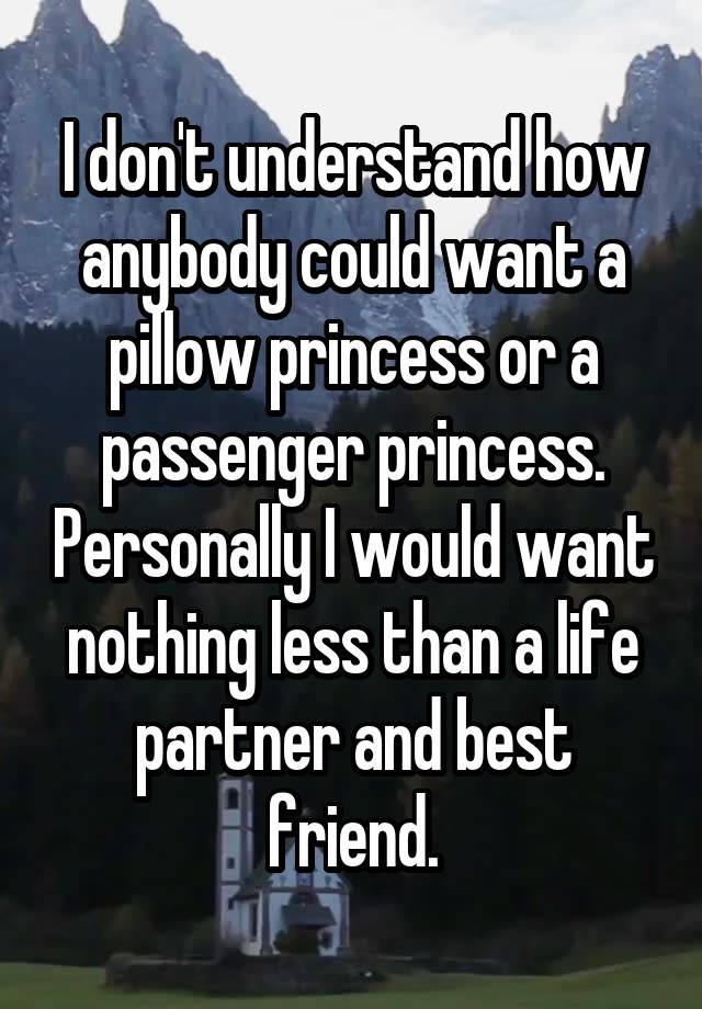 I don't understand how anybody could want a pillow princess or a passenger princess. Personally I would want nothing less than a life partner and best friend.