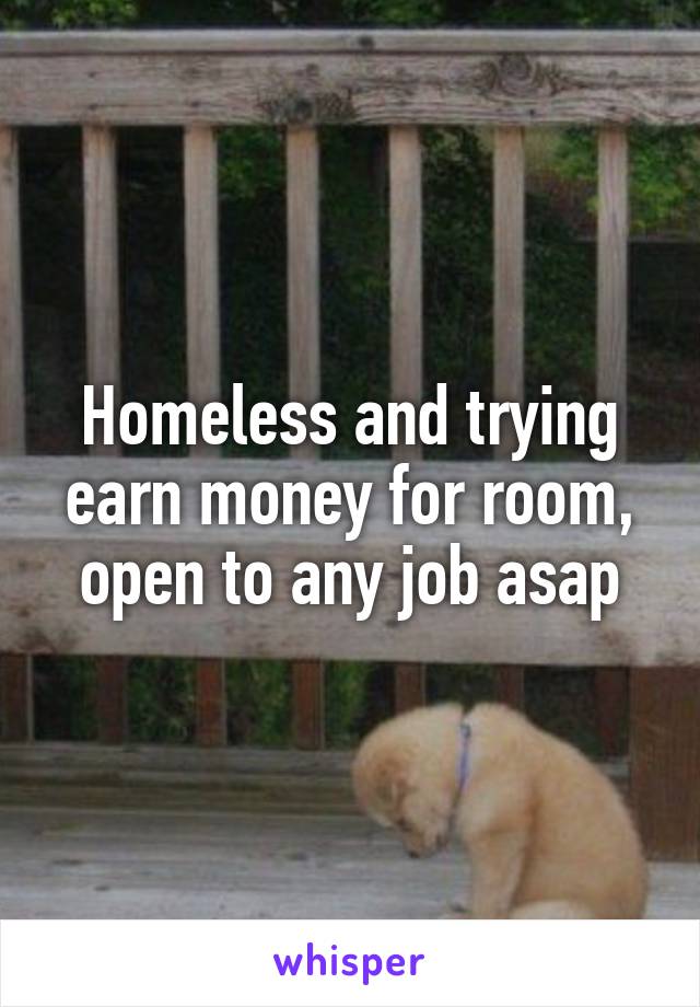 Homeless and trying earn money for room, open to any job asap