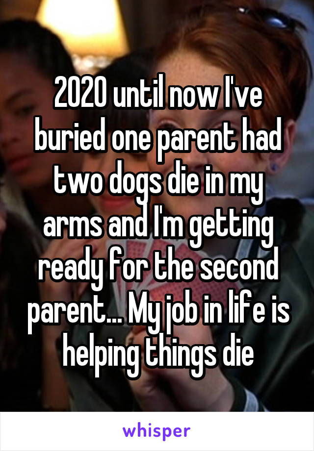 2020 until now I've buried one parent had two dogs die in my arms and I'm getting ready for the second parent... My job in life is helping things die