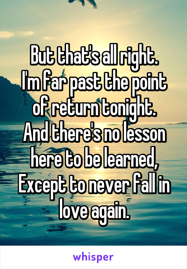 But that's all right.
I'm far past the point of return tonight.
And there's no lesson here to be learned,
Except to never fall in love again.