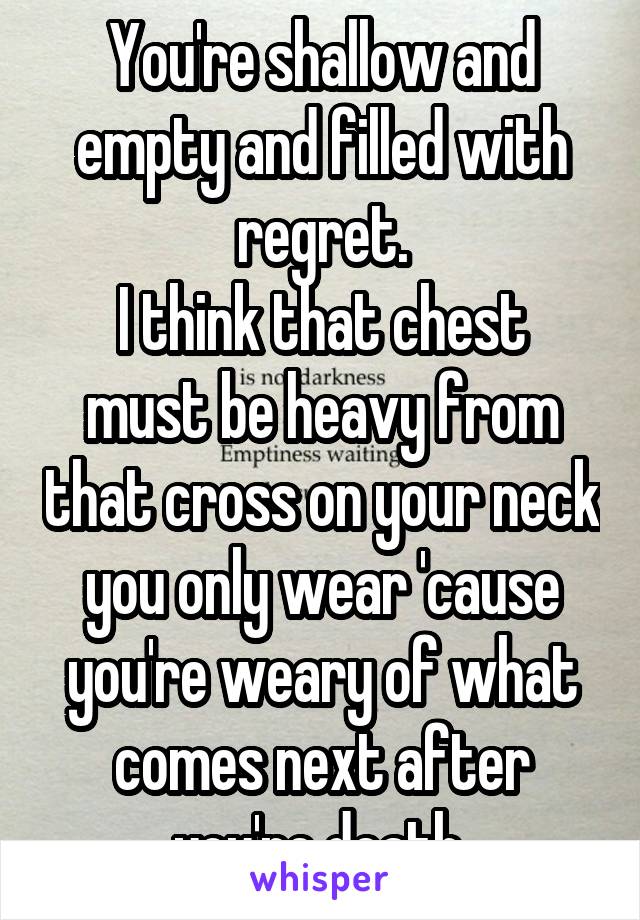 You're shallow and empty and filled with regret.
I think that chest must be heavy from that cross on your neck you only wear 'cause you're weary of what comes next after you're death.