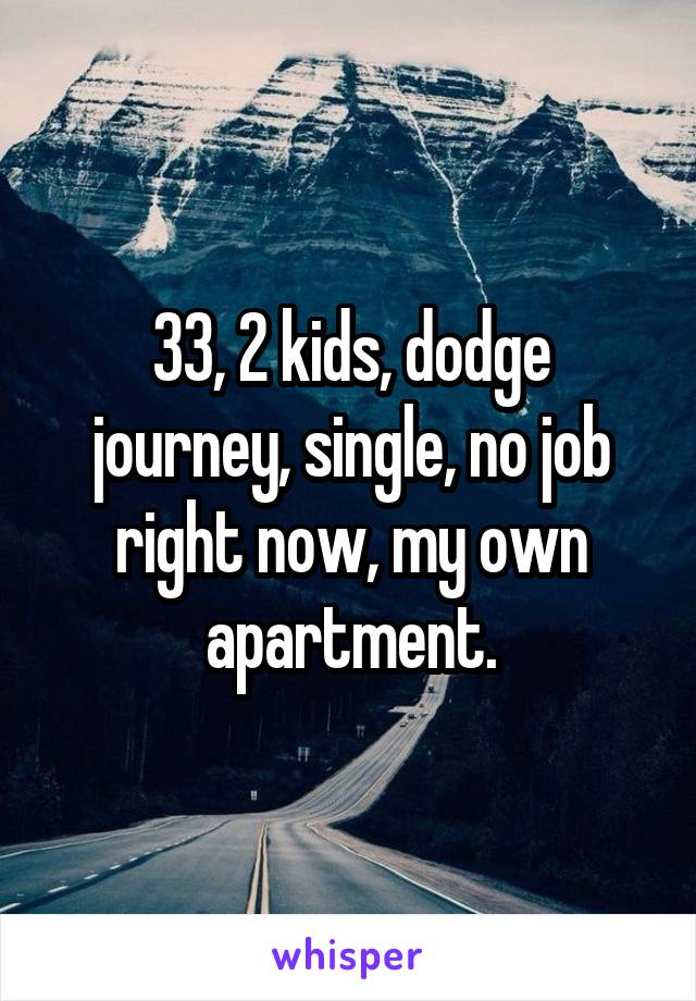 33, 2 kids, dodge journey, single, no job right now, my own apartment.