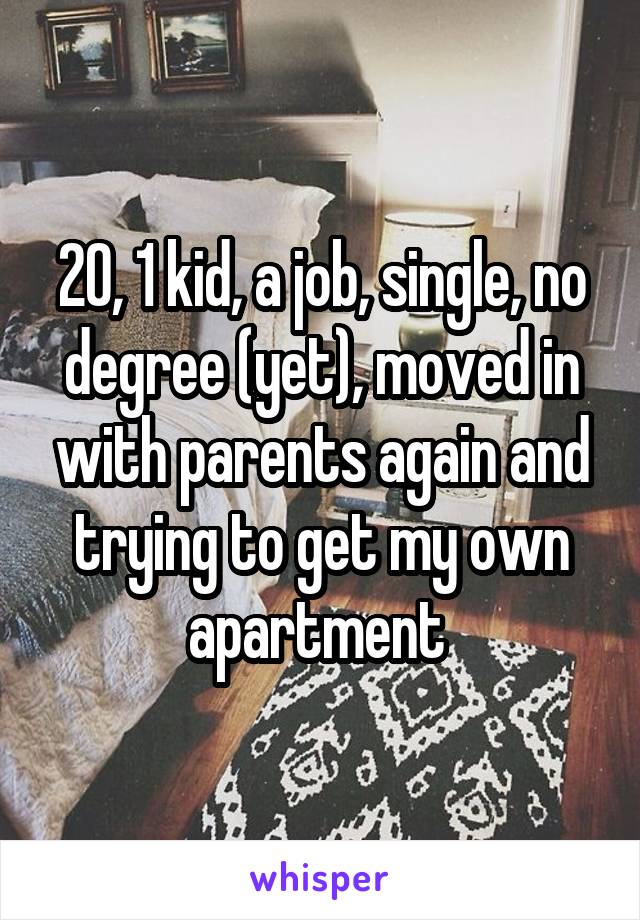 20, 1 kid, a job, single, no degree (yet), moved in with parents again and trying to get my own apartment 