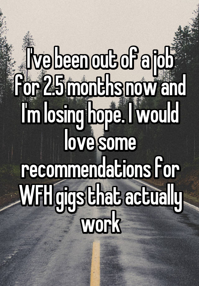 I've been out of a job for 2.5 months now and I'm losing hope. I would love some recommendations for WFH gigs that actually work